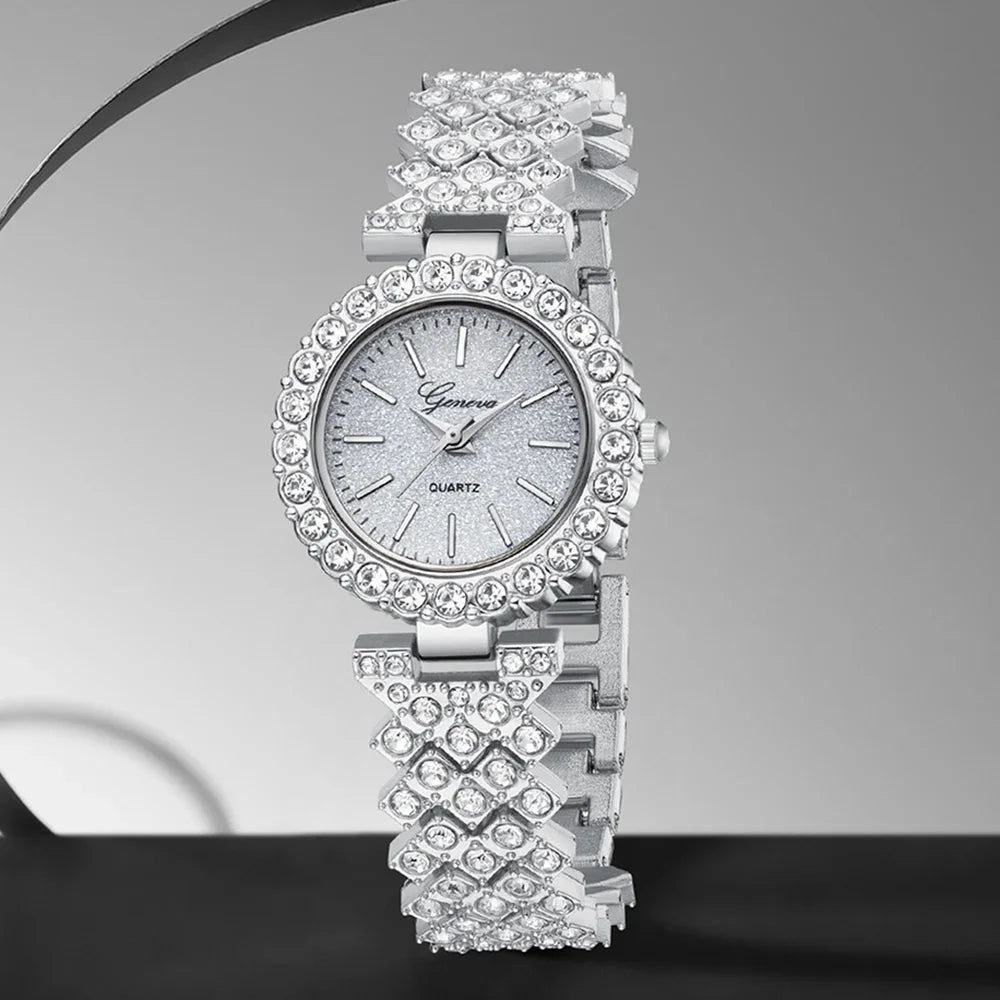 6PCS Silver Women's Watch Set Luxury Fashion Quartz Watch Bracelet Necklace Earrings Set Perfect Gift for Friends or Moms Qme