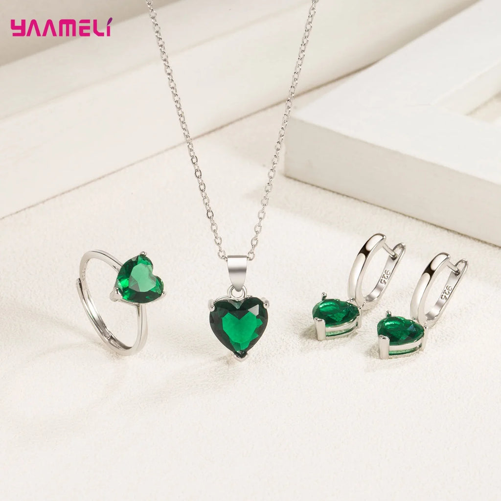 Fine 925 Sterling Silver Color Jewelry Gift Sets for Women Female Romantic Heart Zircon Huggie Earrings Pendant Necklace Ring Qme