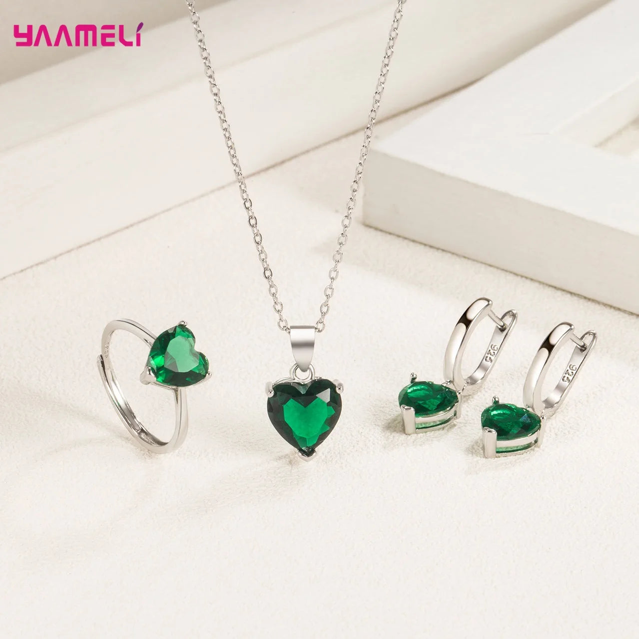 Fine 925 Sterling Silver Color Jewelry Gift Sets for Women Female Romantic Heart Zircon Huggie Earrings Pendant Necklace Ring Qme
