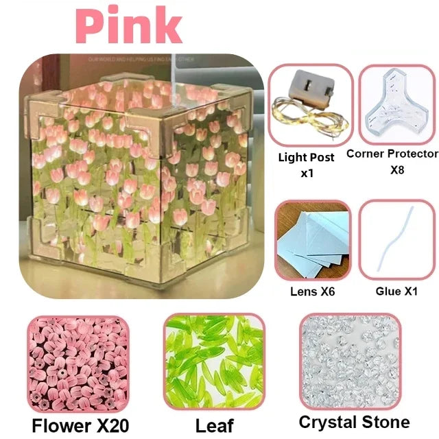 DIY Tulip Mirror Cube Lamp Simulation Flower Bedroom Sleeping Table Qme Pink 20 Tulips 8cmx8cm