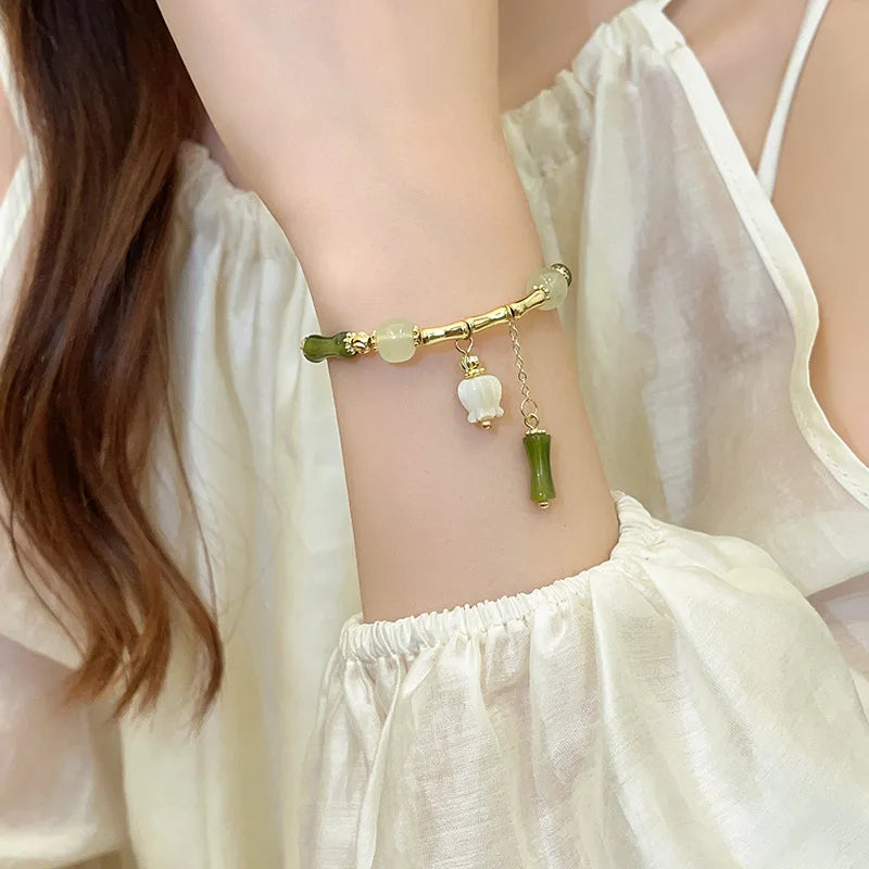 Exquisite Palace Imitation Jade Chilly Sense Chinese Style Sweet Bamboo Joint Orchid Bracelet for Women Romantic Green Beaded Qme