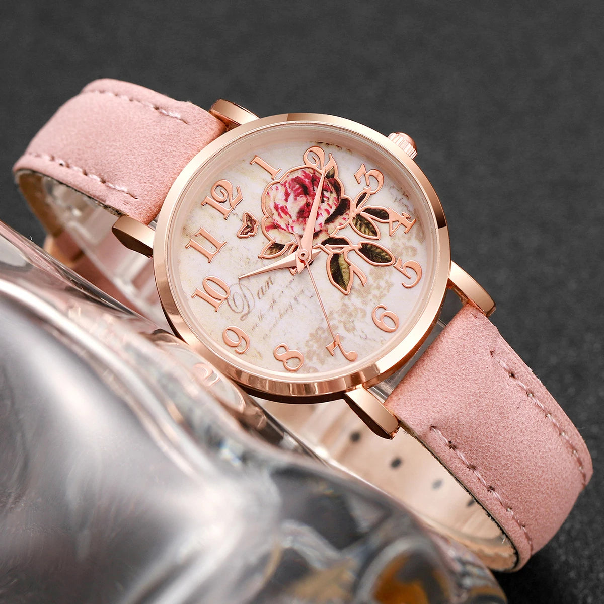 PU leather strap women's quartz watch pink dial, pink strap set, 6-piece set Qme