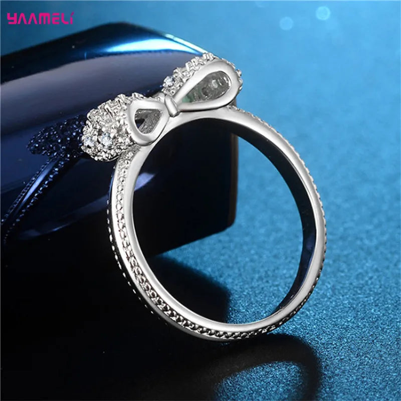 Sparkling 925 Sterling Silver Color Wedding Rings for Women Cubic Zircon Crystal Bowknot Fashion Engagement Ring Qme