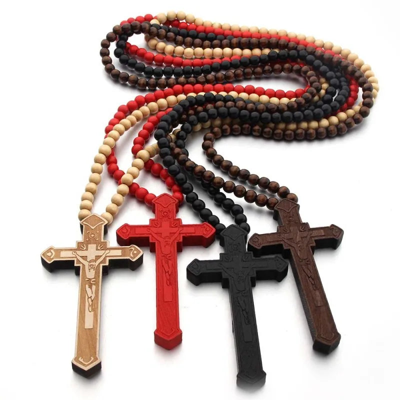 Wooden Rosary Pendant Cosplay Religious Antique Cool Cross Necklace Beads Catholic God Bless Jewelry Trend Fashion Festival Gift Qme
