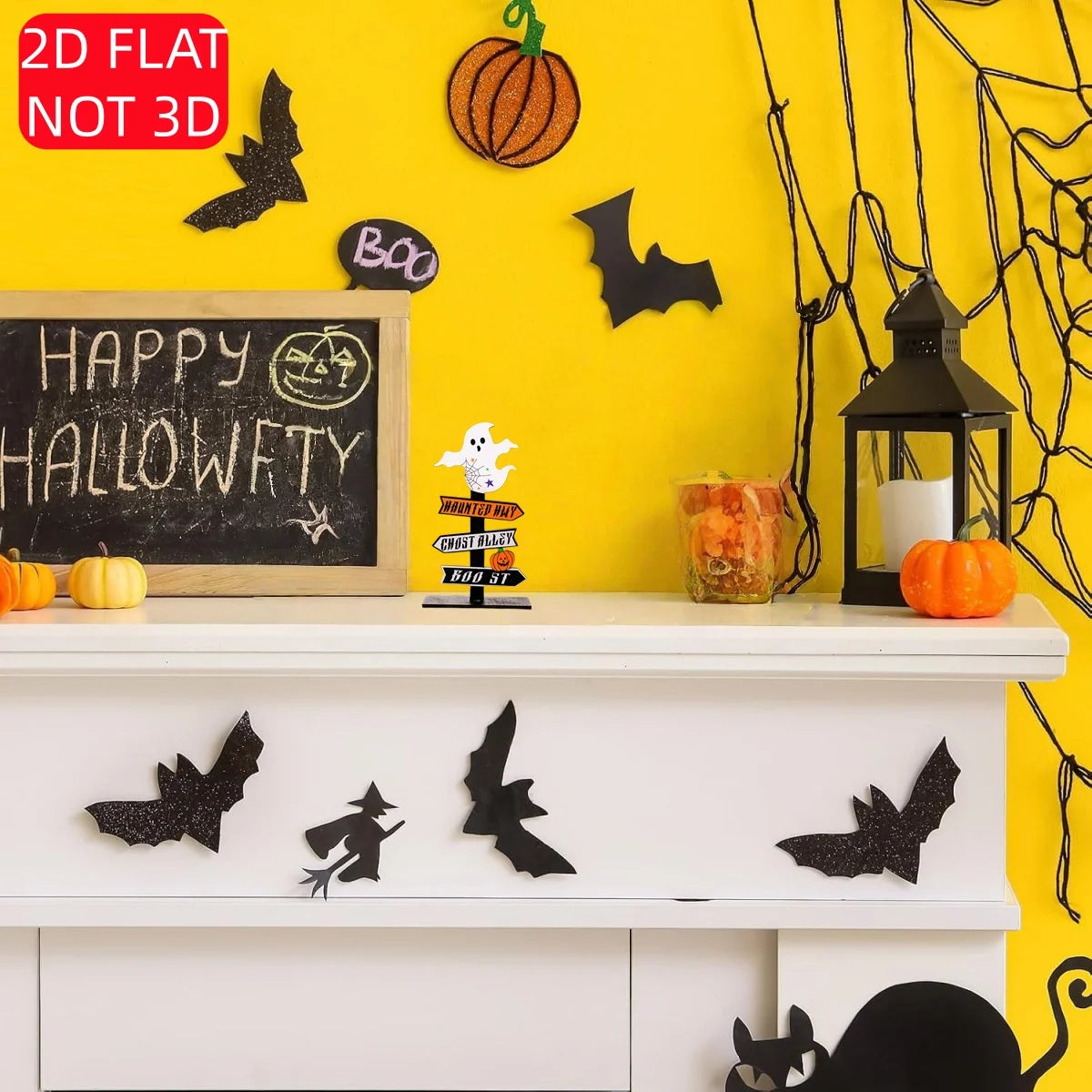 1 Set of 2D Halloween Wooden Tabletop Decorations, Ghost Signs with Spider Webs, Vintage Halloween Farmhouse Shop Party Event Decorations Qme