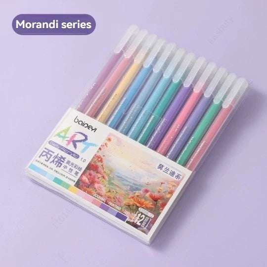 12Pcs/set Acrylic Watercolor Gel Pen Large Capacity Highlighter Fine Tip 1.0mm For DIY Black Cardstock Drawing Marking Doodling Qme Morandi