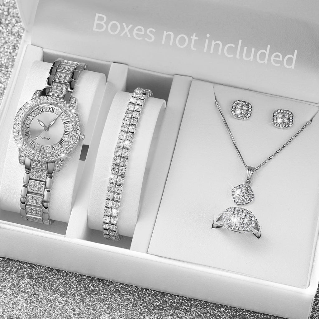 6PCS/Set Full Diamond Roman Literal Steel Strip Women's Watch Starry Charm Business Quartz Watch Women's Watch Jewelry Set Qme Silver Set No Box