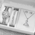 6PCS/Set Full Diamond Roman Literal Steel Strip Women's Watch Starry Charm Business Quartz Watch Women's Watch Jewelry Set Qme Silver Set No Box