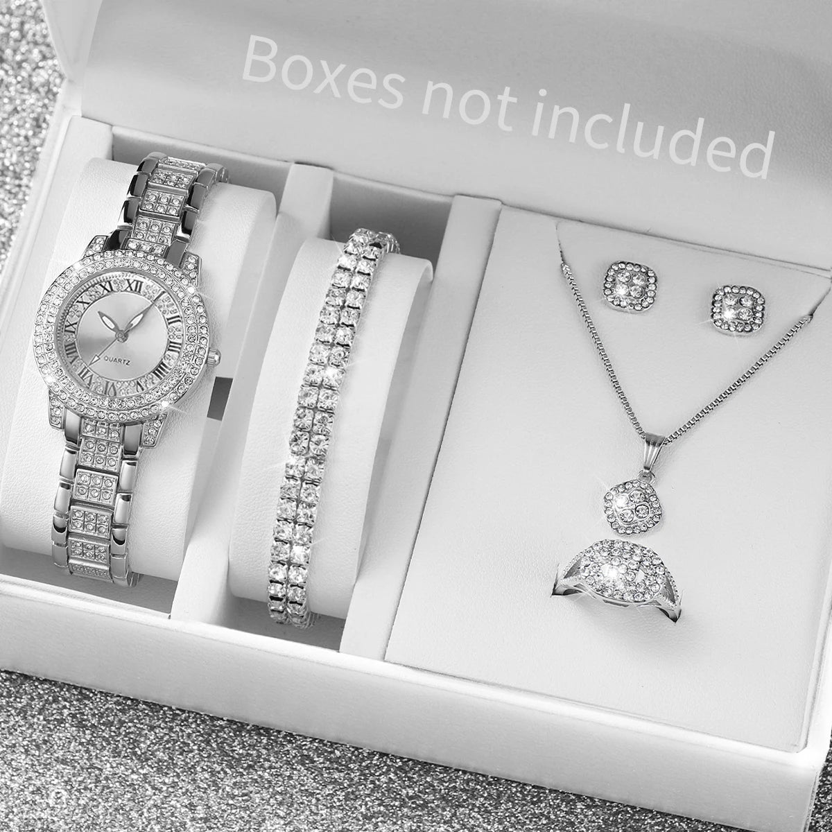 6PCS/Set Full Diamond Roman Literal Steel Strip Women's Watch Starry Charm Business Quartz Watch Women's Watch Jewelry Set Qme Silver Set No Box