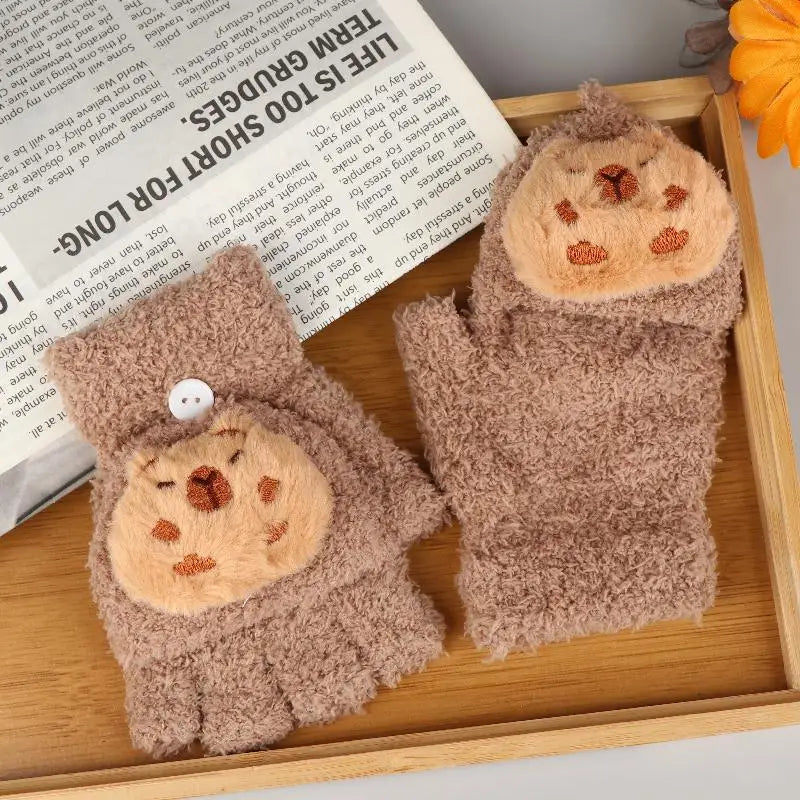 Cartoon Capybara Plush Gloves Children Winter Warm Flip-top Qme