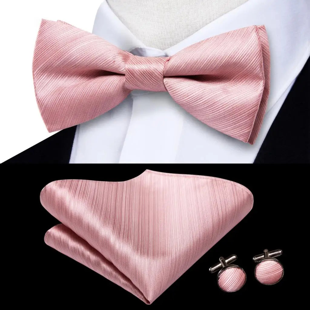 Peach Pink Salmon Rose Mens Bow Tie Pocket Square Cufflinks Pre-tied Qme LDLH0559