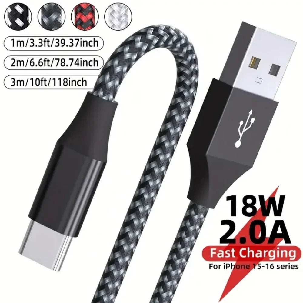 USB A to Type-C Cable Nylon Braided Cable 18W 480Mbps Compatible Fast Charging Cord 1m 2m 3m for iPhone 17 16 15 Galaxy S25 S24 Qme 1PC Black 3m