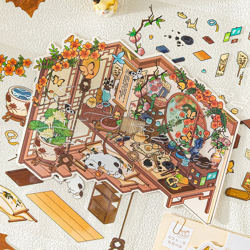 DIY Cartoon Leisure Life in 4 Seasons Landscape Sticker 3D Pocket Cabin Scene Stacking Pasting Stickers Gift for Kid Child Qme