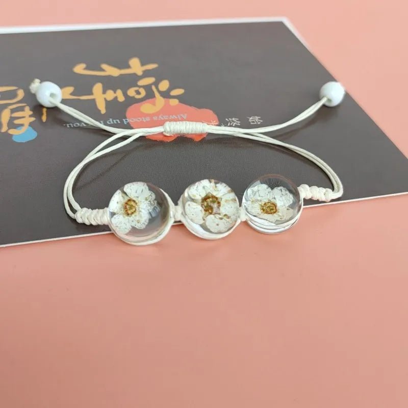 b22 Glass Ball Dried Cherry Blossoms Bracelets Hand-made Dried Flower Charm Bracelets Girls Gifts Natural Flower Weave Jewelry Qme
