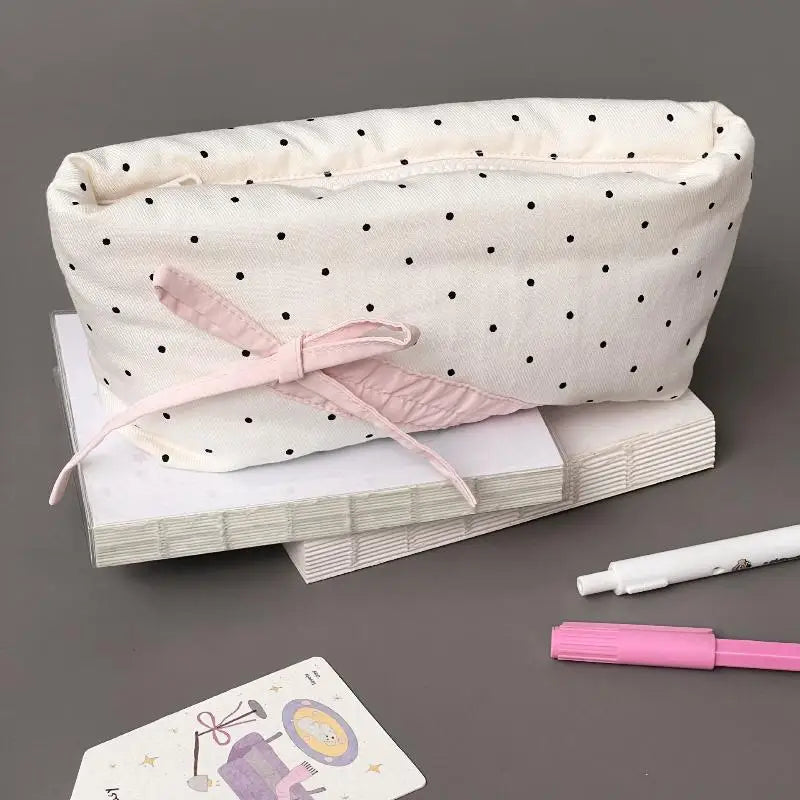Cute Polka Dot Bow Pencil Case White Pink Accessories Large Capacity Qme A1