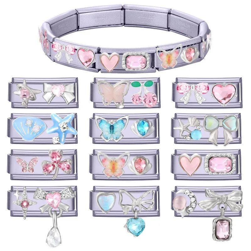 Fashion Purple Pink Butterfly Heart Crown Cherry Zircon Italian Charm Link Fit 9mm Bracelet Stainless Steel Men Women DIY Making Qme