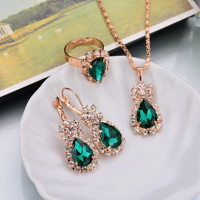 3ps Set Fashion Water Drop White Blue Red Purple Black Temperament Jewelry Sets for Party Women Pendant/Necklace/Earrings/Rings Qme