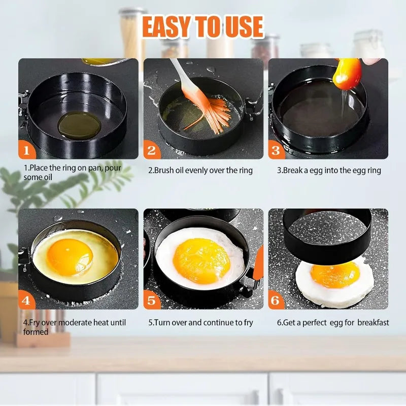 Stainless Steel Omelette Mold Professional Egg Ring Pancake Ring with Silicone Handle Oil Brush for Fried Eggs Omelets Muffins Qme