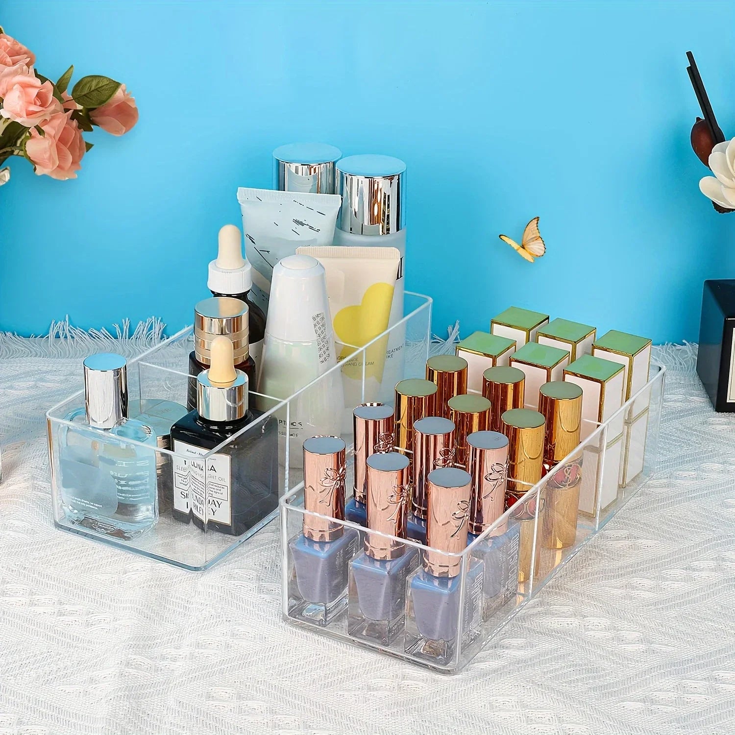 Three-compartment makeup storage box - Stackable makeup storage drawers, suitable for dressing tables, bathrooms and kitchen Qme