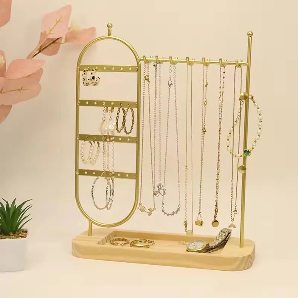 1 desktop solid wood base jewelry rack suitable for organizing and storing watches, earrings, bracelets, necklaces, etc Qme