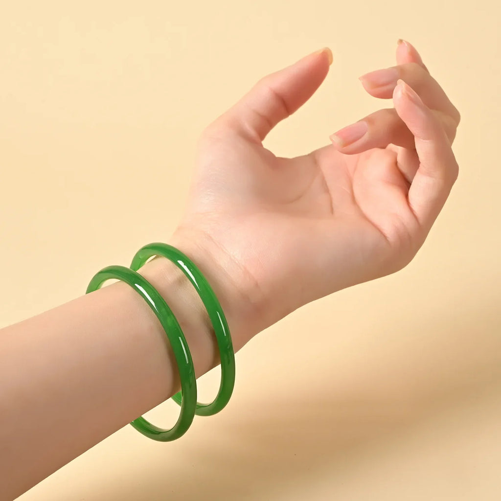 2Pcs/Set Natural Jade Solid Color Jingle Bangles Retro Simple Glass Bracelet Femme Fashion Women's Casual China Jewelry Gifts Qme