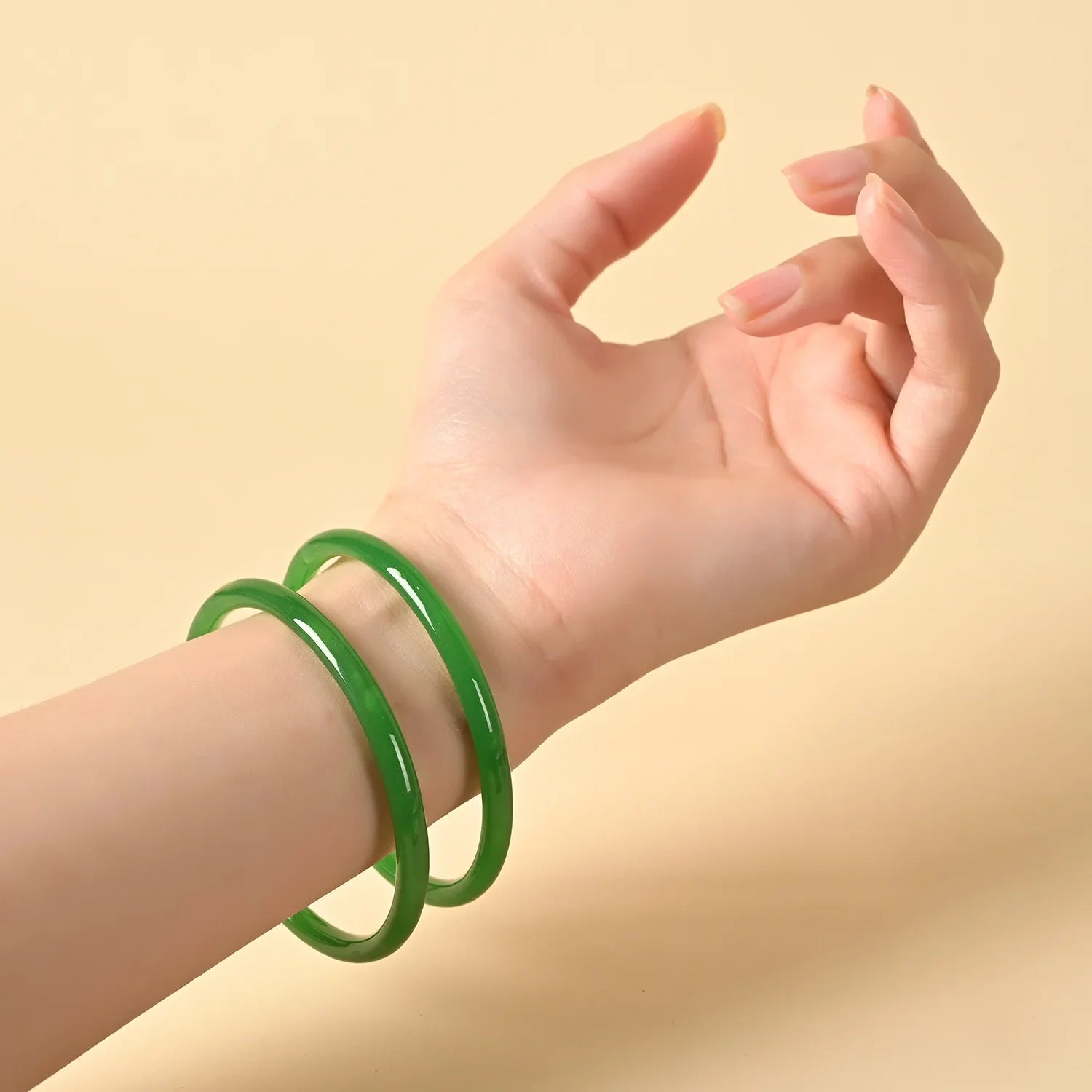 2Pcs/Set Natural Jade Solid Color Jingle Bangles Retro Simple Glass Bracelet Femme Fashion Women's Casual China Jewelry Gifts Qme