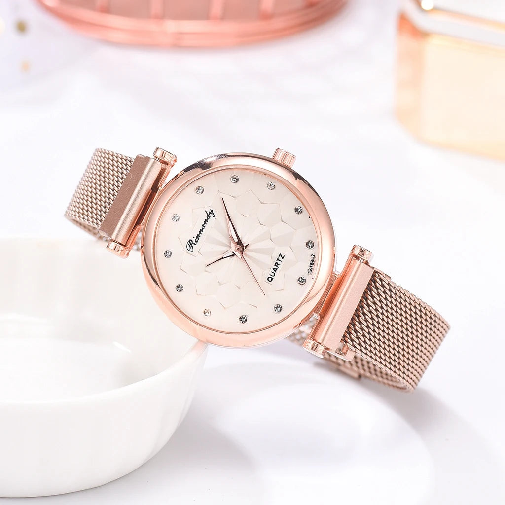 5PCS Bracelet Watches Set Fashion Women Rose Gold Mesh Belt Wristwatches Quartz Watch for Women Business Clock Relogio Feminino Qme