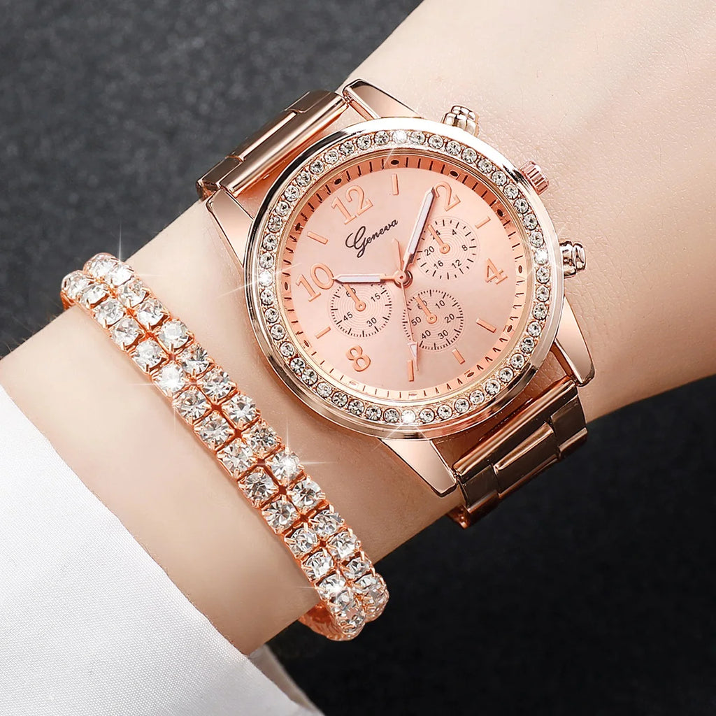 Relógios de pulso de quartzo com strass para mulheres, pulseira de aço dourado, pulseira de diamante sem caixa, fashion, 2PCs Qme