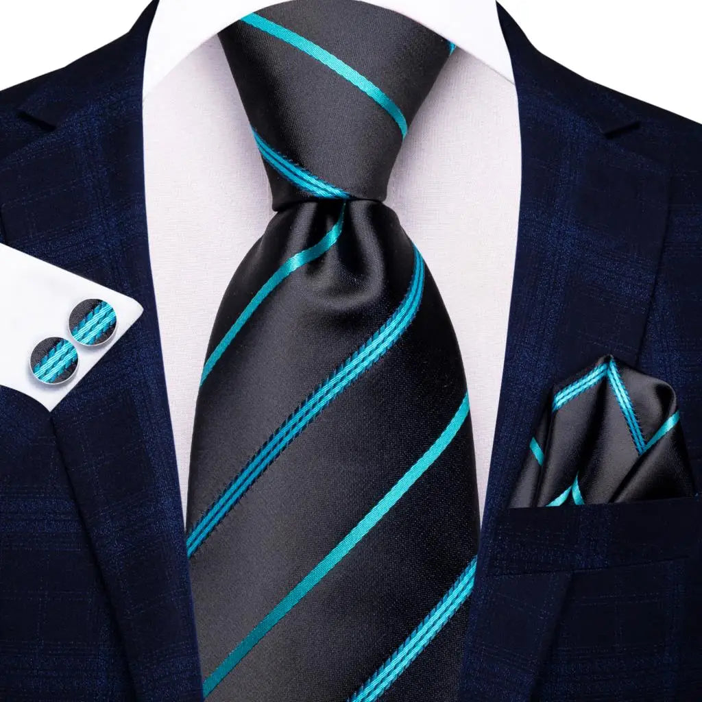 Hi-tie Men Fashion Striped Navy Blue Necktie Handkerchief Cufflinks