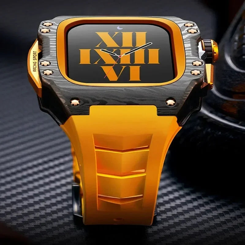 Modified Carbon Fiber Protective waterproof Case with Band strap Black metal bezel for iWatch Apple Watch series 7 8 9 44mm 45mm Qme