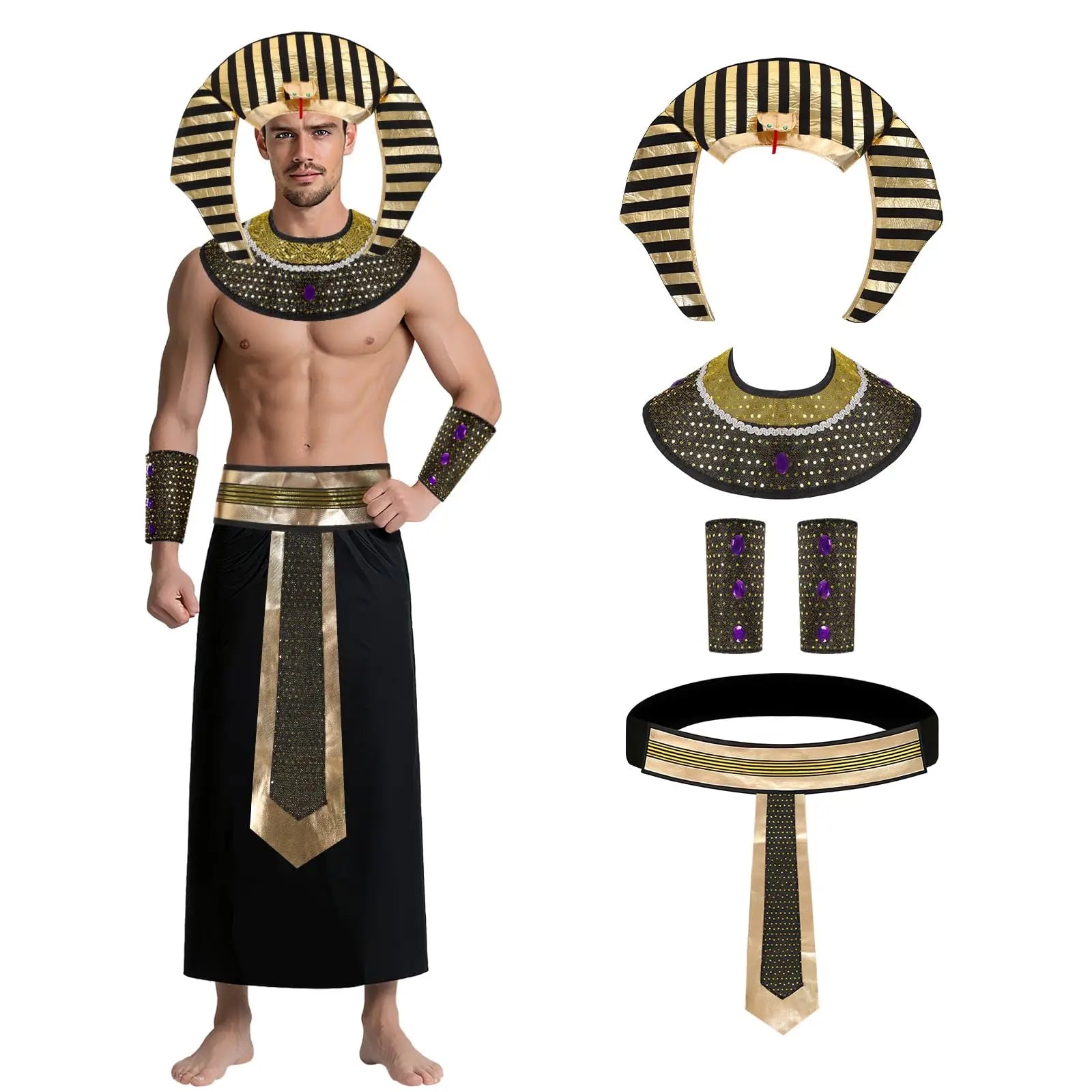 Egyptian Cleopatra Costume Accessories Pharaoh Headpiece Collar Belt Cuffs Halloween Anubis Sphinx Egypt King Tut Qme B ONE SIZE