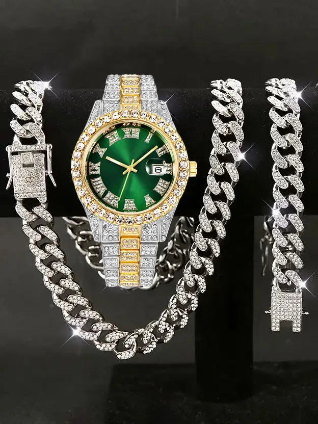 Men's Hip Hop Iced Out Watch and Jewelry Combo, Silver Plated Diamond Watch + Cuban Chain + Bracelet, Fashion Accessory Qme Silver