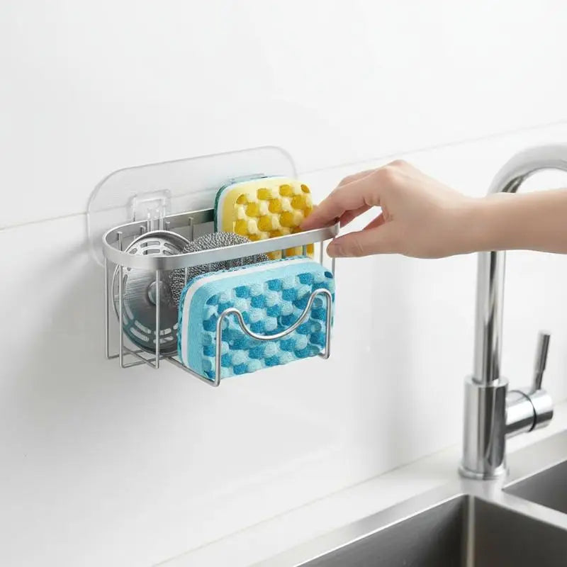 Sink Organizer - Stainless Steel Suction Sponge Stand - Fast-Draining, Easy-Clean Holder with Hook for Modern Kitchens Qme