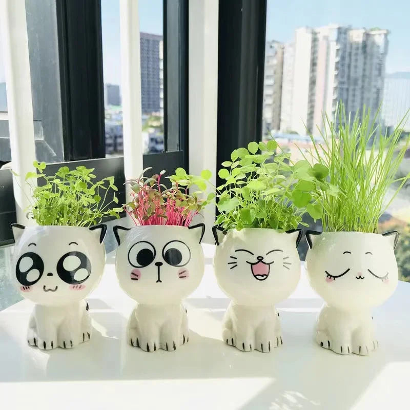 1pc Mini Cat Shaped Ceramic Flower Pot Cute Cartoon Desktop Potted Plant Pot DIY Home Desk Decor Nursery Pot School Gifts Qme