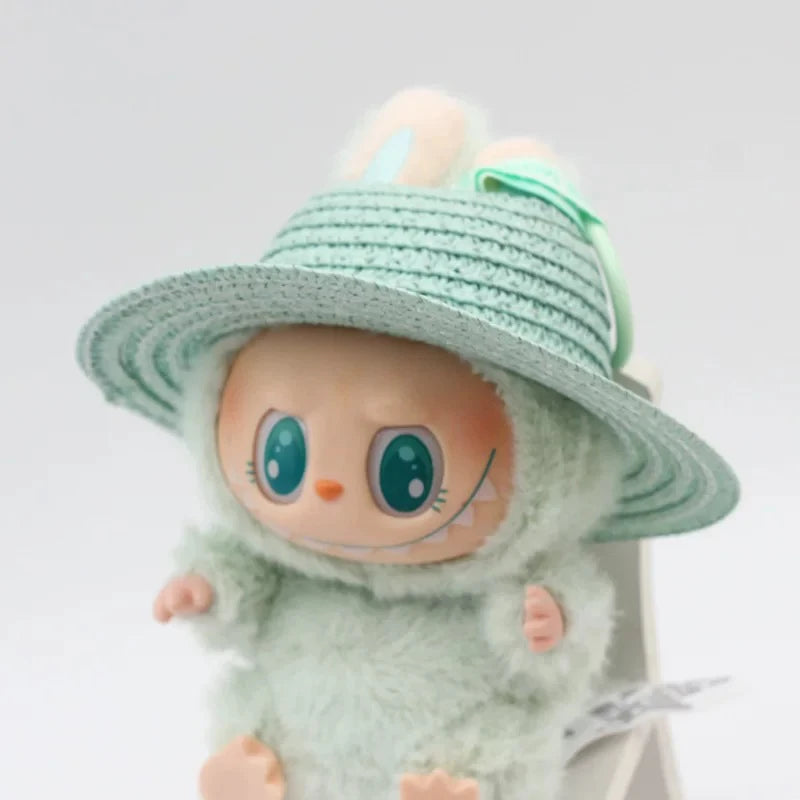Labubu open top straw hat, party clothing accessories, rustic style Labubu baby clothes decoration accessories (hat only) Qme Blue
