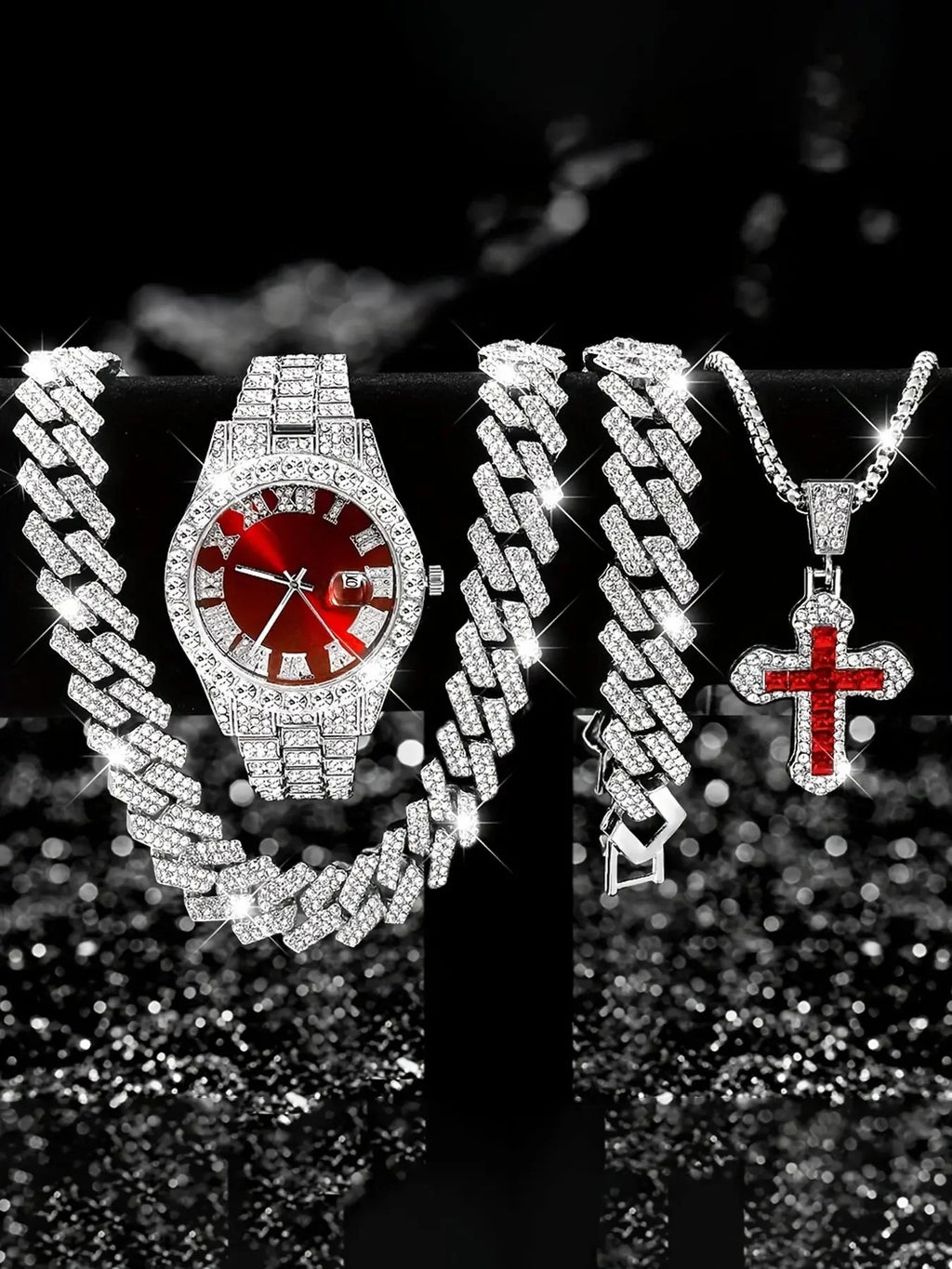 Classic Red Sunburst Dial Quartz Watch Multipack Full Rhinestone Cuban Bracelet Cross Necklace Male Street Hip Hop Jewelry Qme Red