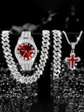 Hot Sale 4Pcs Silver Iced Out Men's Watch & Jewelry Set, Red Dial Watch + Cuban Chain + Bracelet + Cross Necklace, Hip Hop Style Qme Red