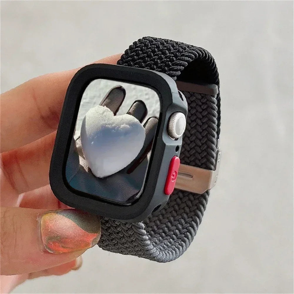 Candy Silicone Case+Strap For Apple Watch Series 9 8 7 45mm 41mm Band SE 6 5 4 44mm 40mm Nylon correa Strap iwatch Ultra 2 49mm Qme Gray Black For Series456SE 40MM
