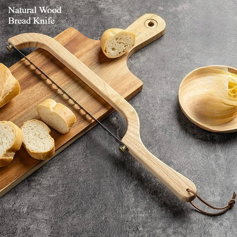 Wooden Bow Bread Knife Handheld Sushi Saw Cutter for Kitchen Baguette Toast Precision Slicing,Wooden Handheld Bow Bread Knife Qme