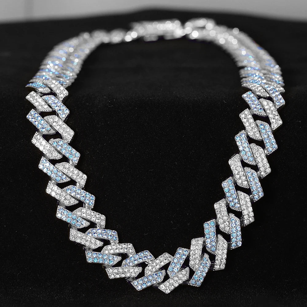 3pcs Hip-hop Watch Jewelry Set Iced Out Punk Blue&Silver Cuban Chain+Bracelet Inlay Diamond Watch For Men Women Trend Party Gift Qme