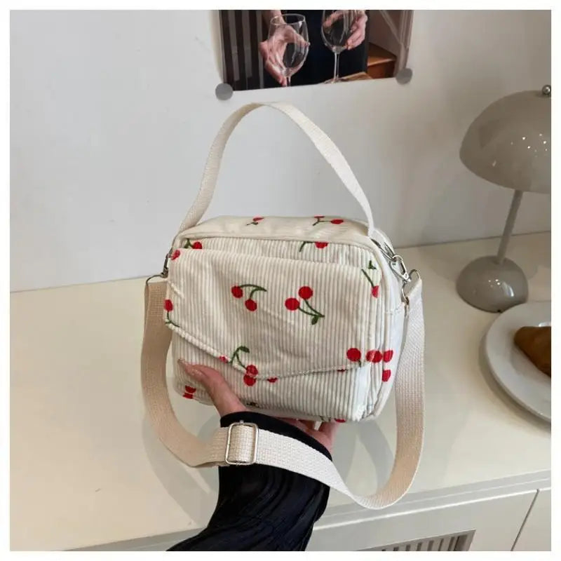 Strawberry Pattern Messenger Bags Corduroy Women's Small Shoulder Bag Teenager Girl Crossbody Bag Cute Tote Student Square Bag Qme A4