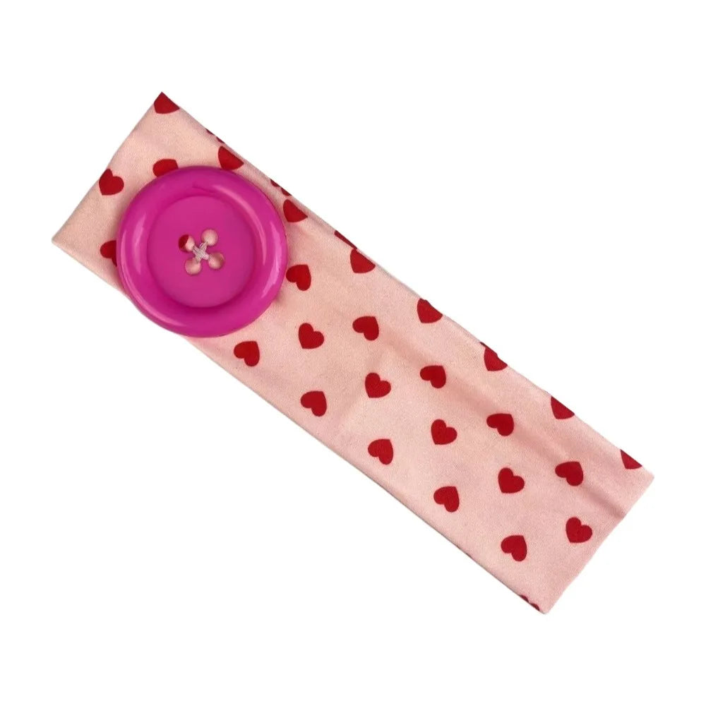 Love Heart Polka Dot Button Headband Elastic Adjustable Yoga Hair Qme Pink