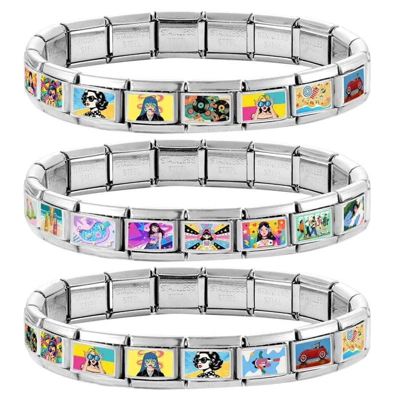 2026 Fashion Doodle Painting Beauty High-heel Swim Pool Beach Italian Charm Links Fit 9mm Bracelet Stainless Steel DIY Jewelrys Qme
