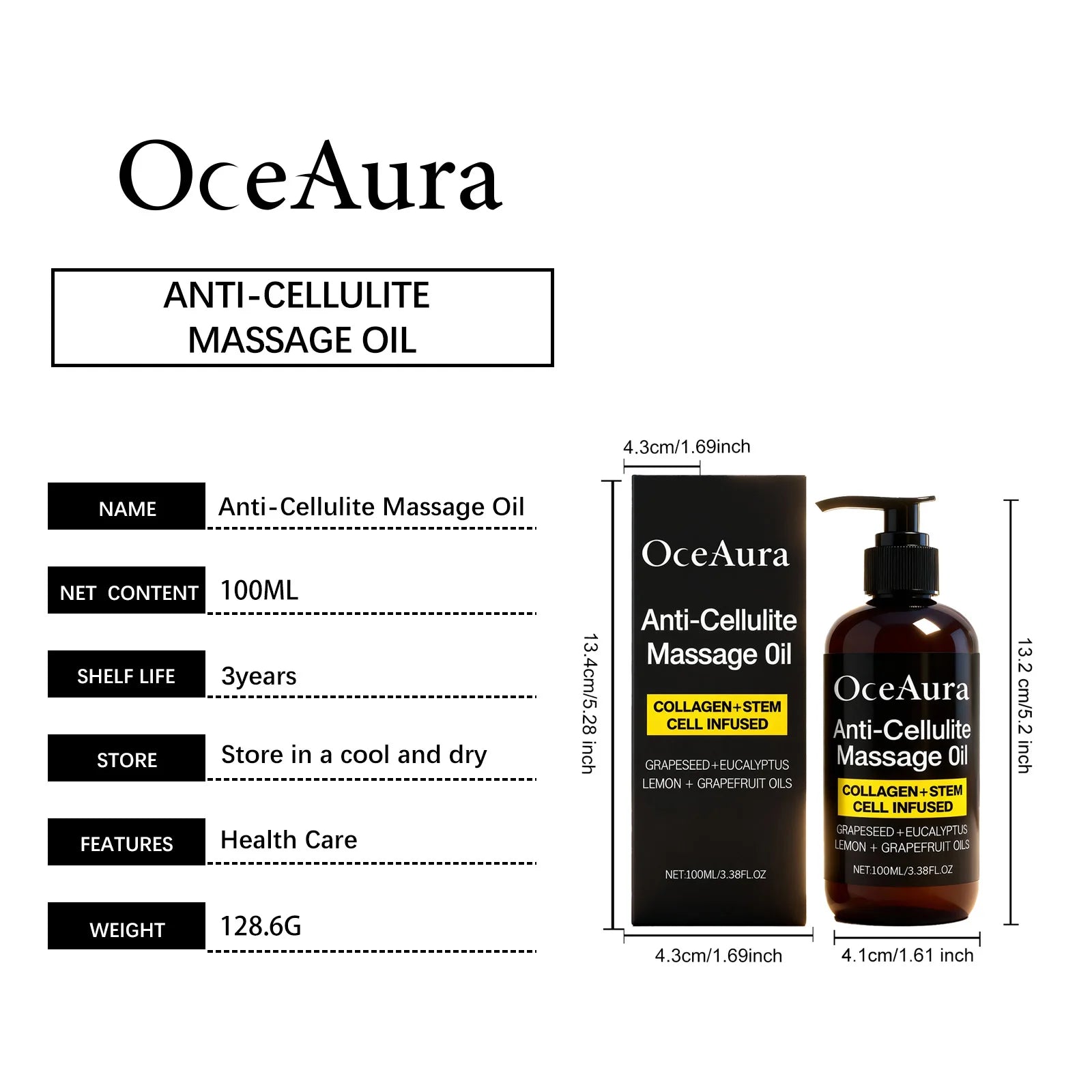 Oceaura Anti-Cellulite Massage Oil Firming Body Lift Tightening Deep Hydrating Smoothing Dry Skin Relaxing Shaping Essential Oil Qme