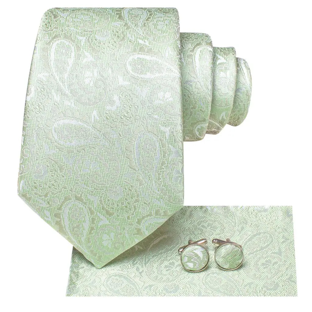 Hi-tie Men Fashion Paisley Sage Green Necktie Handkerchief Cufflinks Qme