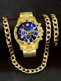 3Pcs All Gold Geneva Triple Sub-dial Watch Thick Cuban Chain Bracelet Set Qme Rose