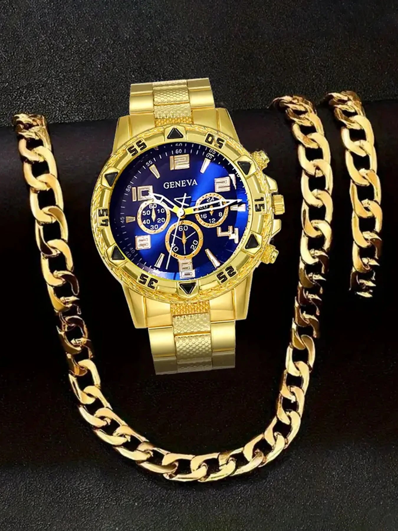 3Pcs All Gold Geneva Triple Sub-dial Watch Thick Cuban Chain Bracelet Set Qme Rose