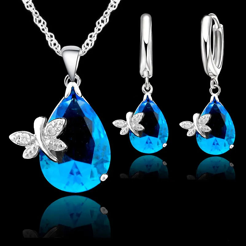 Bridal Jewelry Set 925 Sterling Silver Stamp Water Drop Dragonfly CZ Crystal Woman Girl Engagement Anniversary Necklace Earring Qme Default Title