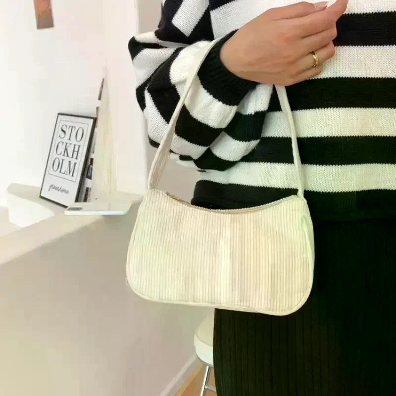 Corduroy Underarm Bag for Women: Solid Color Simple Western Style Spring/Summer Small Square Shoulder Bag for Casual Outfits Qme