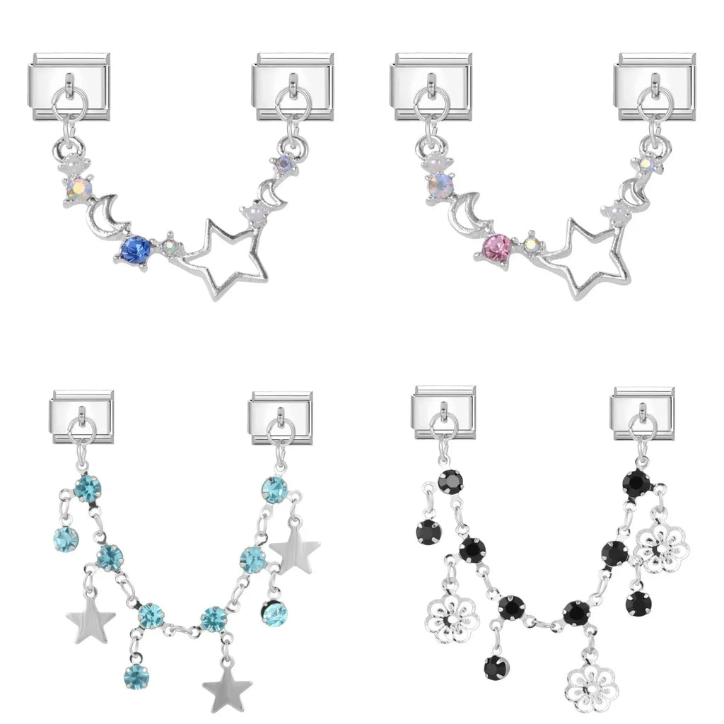 Women New Colorful Round Zircon Sliver Stars Flower Tassel Chain Italian Charm Fit 9mm Stainless Steel Bracelet DIY Jewelry Gift Qme